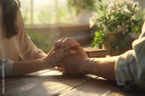A man and a woman holding hands at a table. Suitable for relationship or romantic concepts
