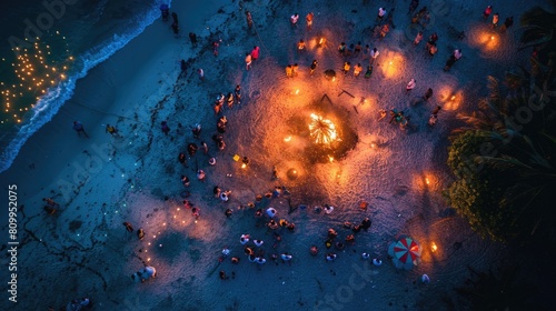 A circle of people gathers around a fire, seeking heat and comfort in the snowy landscape. The darkness enhances the art of the flames, creating a symmetrical and mesmerizing scene AIG50