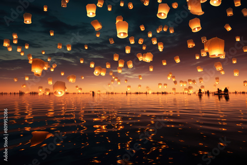 Enchanting Sunset Sky Illuminated by Floating Lanterns