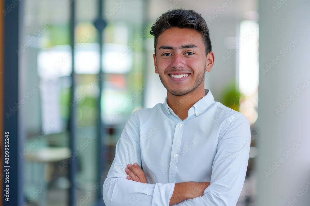 Portrait of smiling young multiethnic man looking at camera with crossed arms. Successful latin business woman standing in modern office with copy space. Young university hispanic boy with smile. Portrait of smiling young multiethnic man looking at camera with crossed arms. Successful latin business woman standing in modern office with copy space. Young university hispanic boy with smile.