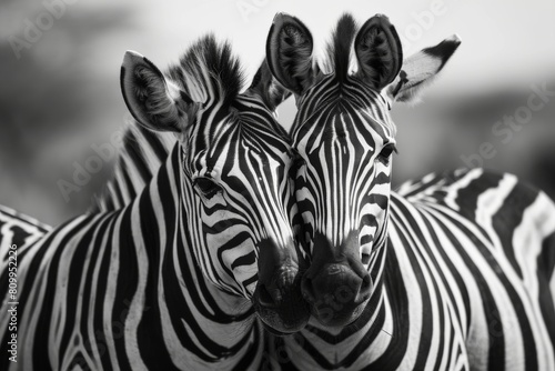 Two plains zebras, Close-up shot of two zebras standing in a grassy field at  sunny day,  Ai generated photo