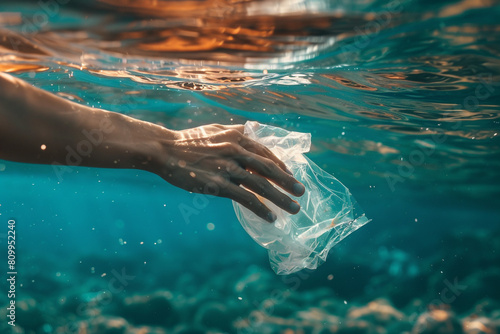 Macro shot of a persons hand removing plastic from the ocean  a fight against pollution 