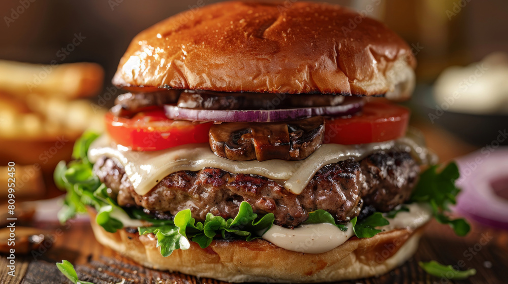 Juicy cheeseburger with melted cheese, lettuce, tomato, onion, and mushrooms on a brioche bun, served with a side of fries Juicy cheeseburger with melted cheese, lettuce, tomato, onion, and mushrooms on a brioche bun, served with a side of fries