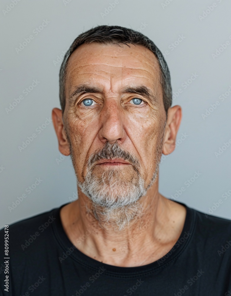 Obraz premium ID Photo for Passport : European elderly person man with straight short black hair and blue eyes, short beard, without glasses and wearing a black t-shirt