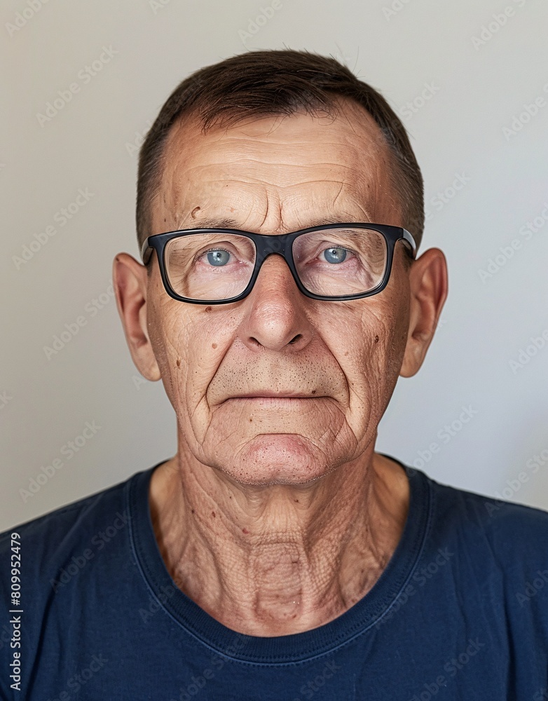 ID Photo for Passport : European elderly person man with straight short black hair and blue eyes, clean-shaven, with glasses and wearing a navy t-shirt ID Photo for Passport : European elderly person man with straight short black hair and blue eyes, clean-shaven, with glasses and wearing a navy t-shirt