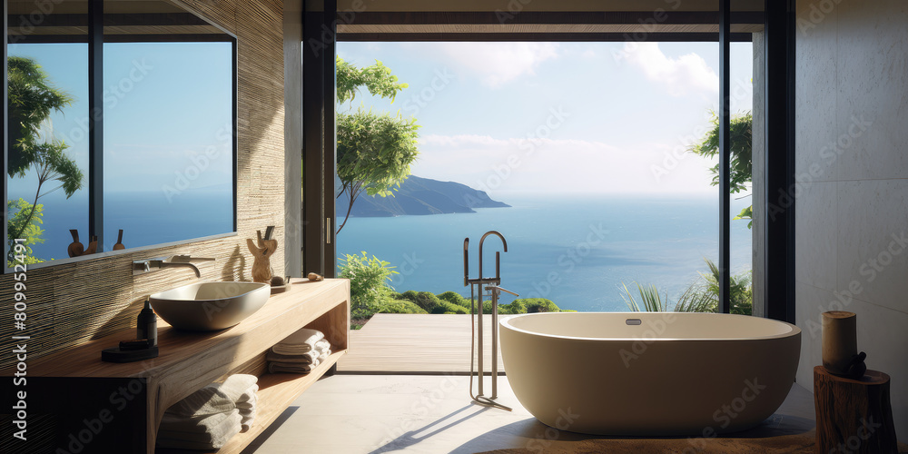 Modern Luxurious Bathroom with Stunning Ocean View Modern Luxurious Bathroom with Stunning Ocean View
