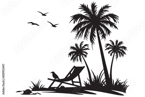 summer Scene With A Beach Chair With small Palm Trees, and sunbird Beach Time, Summer Vacation black silhouette white background