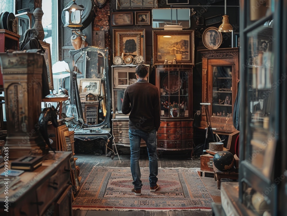 Man shopping in antique store for a unique piece of furniture. Man shopping in antique store for a unique piece of furniture.