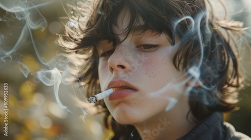 Close up teenager boy smokes cigarette, concept of early smoking and harm to health in children 