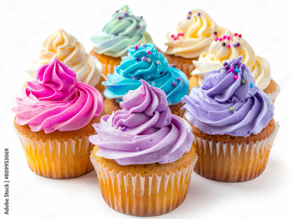 A row of colorful cupcakes with different frosting and sprinkles