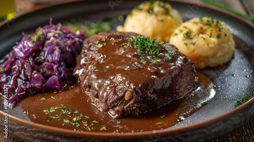 Gourmet dinner plate featuring tender braised beef in rich gravy  served with herbed potato dumplings and sweet red cabbage side
