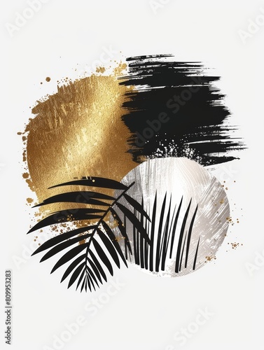 A painting featuring a gold and black color scheme with a prominent palm leaf depicted in the center