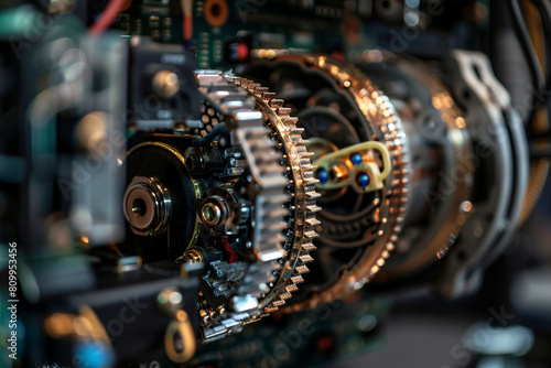 Macro shot of interconnected gears and circuits inside an autonomous robot's chassis 