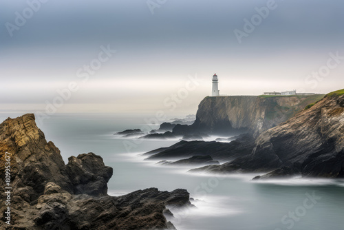Serene Lighthouse Overlooking Misty Ocean Cliffs