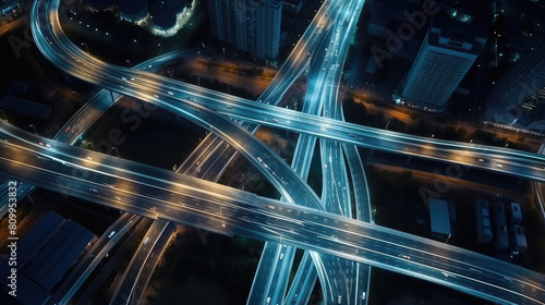 Aerial Nighttime View of Illuminated City Highways photo