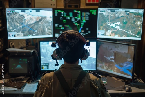 A ground control station: technicians and pilots remotely operating a combat drone on multiple screens