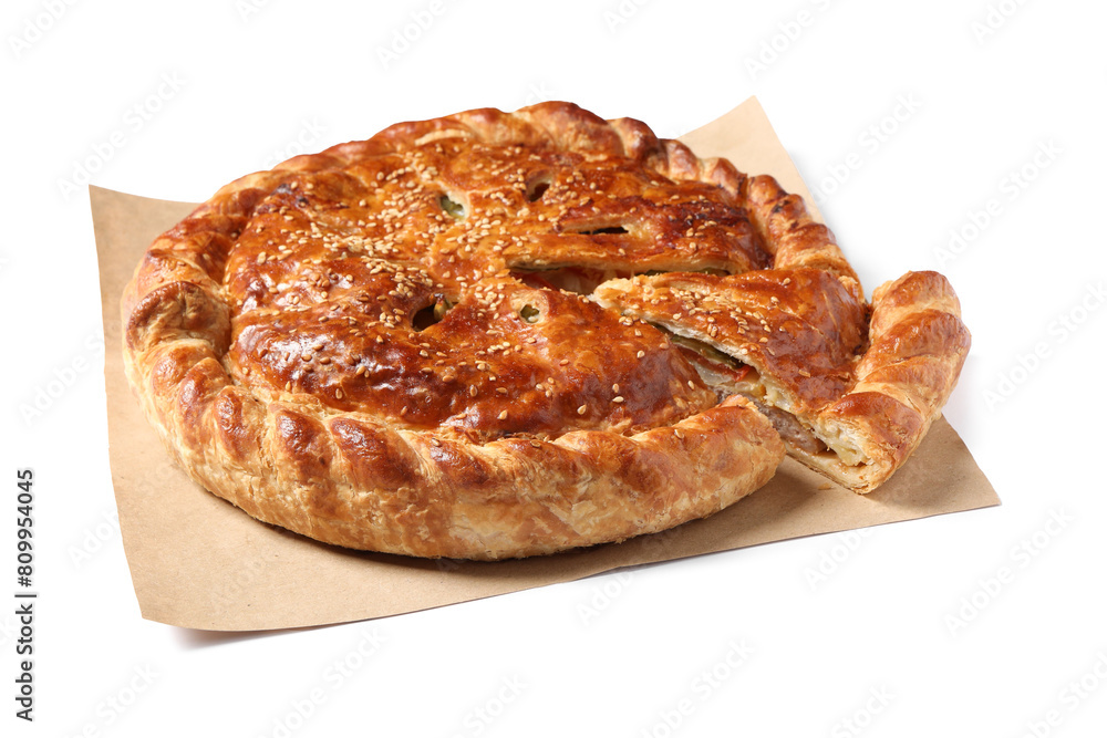 Cut delicious homemade pie isolated on white Cut delicious homemade pie isolated on white