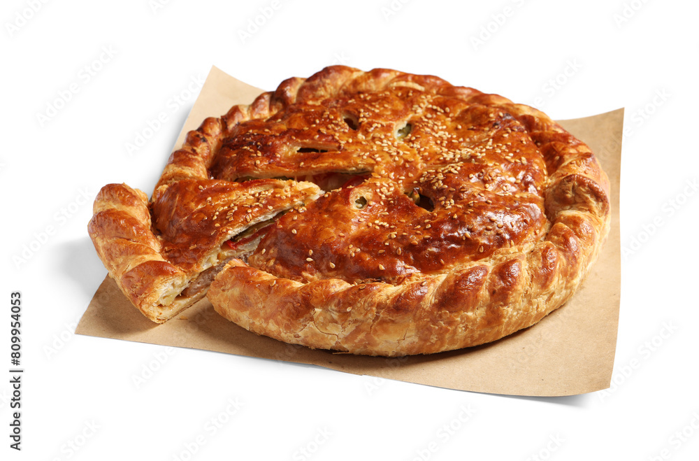 Cut delicious homemade pie isolated on white Cut delicious homemade pie isolated on white
