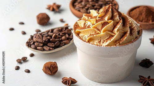 Image shows a white cup of creamy dessert with cocoa powder on top, a silver spoon with coffee beans, and other coffee beans and anise stars scattered on the table.