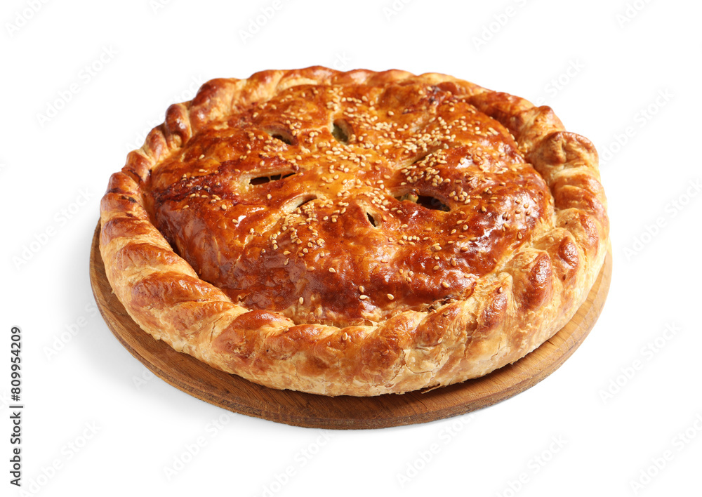 Tasty homemade pie with filling isolated on white Tasty homemade pie with filling isolated on white