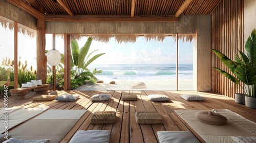 A room overlooking the vast expanse of the ocean  with waves crashing against the shore.