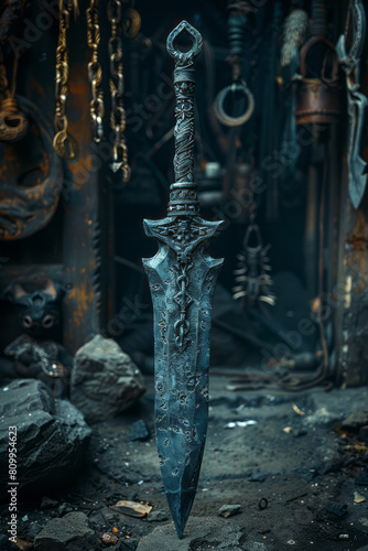 A surreal composition where elements of different weapons morph into each other, a spearhead gradually turning into a mace chain, photo