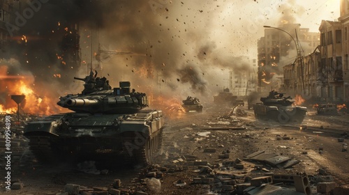 A panoramic view of a city under siege Military tank M1 Abramss rumble through the streets  smoke billowing from burning buildings