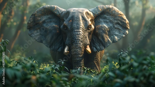 A majestic elephant, standing tall against a backdrop of lush greenery, its wrinkled skin and expressive eyes
