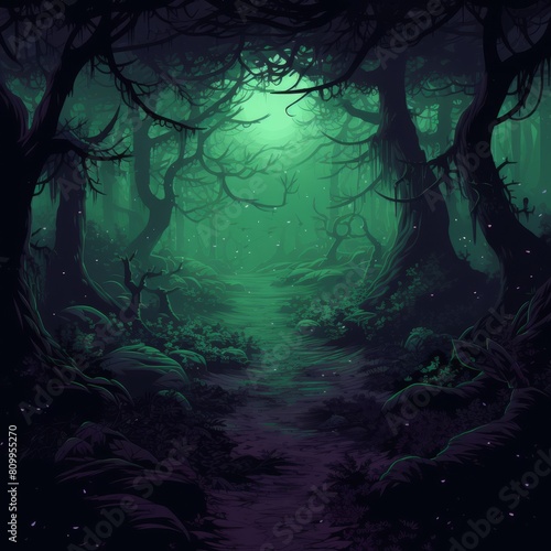 Enchanted forest in pixel art with glowing foliage and a mystical pathway, depicting a serene yet mysterious journey, concept of magic and wanderlust