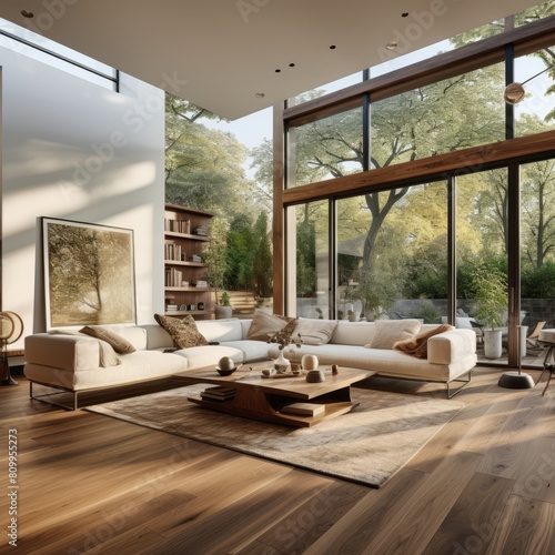 Big livingroom interior design. Large window view hanging cieling wooden flooring.
