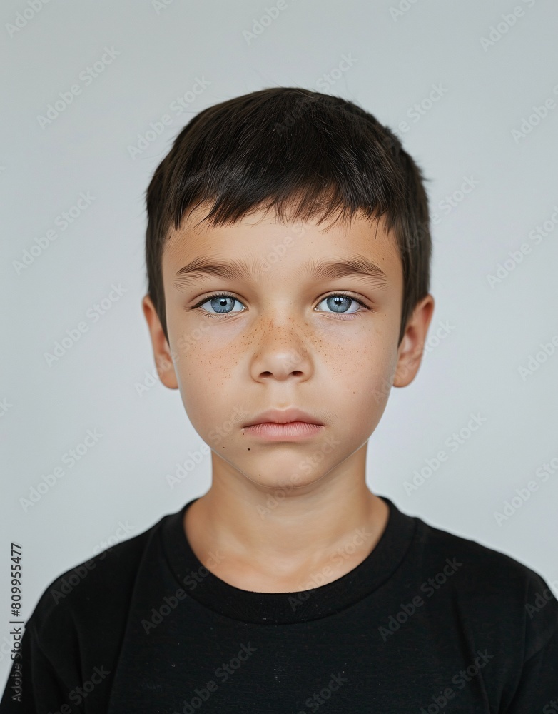 ID Photo for Passport : European child boy with straight short black hair and blue eyes, without glasses and wearing a black t-shirt ID Photo for Passport : European child boy with straight short black hair and blue eyes, without glasses and wearing a black t-shirt