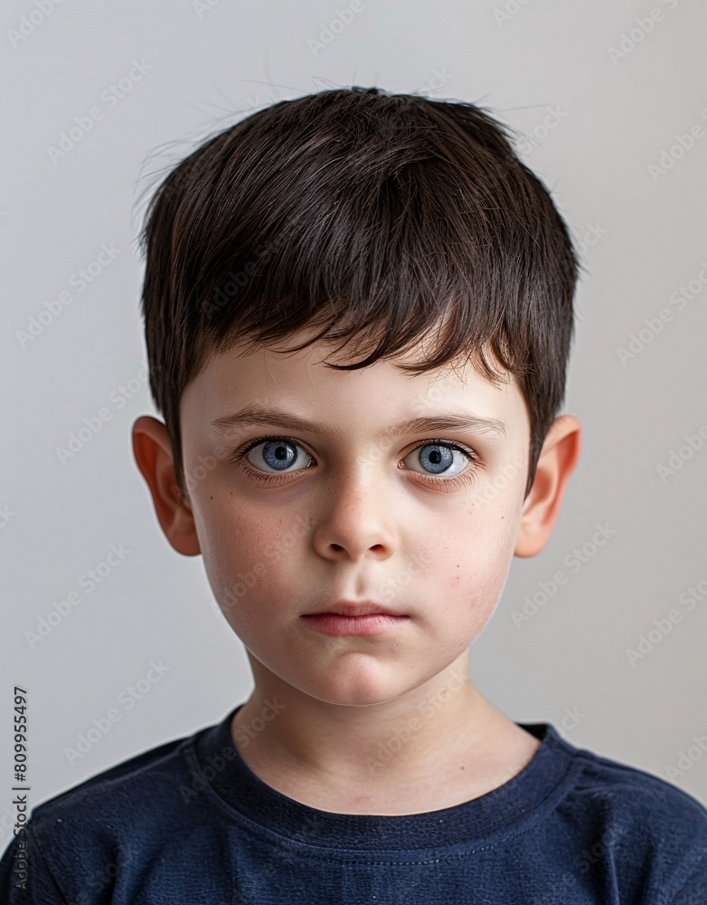 ID Photo for Passport : European child boy with straight short black hair and blue eyes, without glasses and wearing a navy t-shirt ID Photo for Passport : European child boy with straight short black hair and blue eyes, without glasses and wearing a navy t-shirt