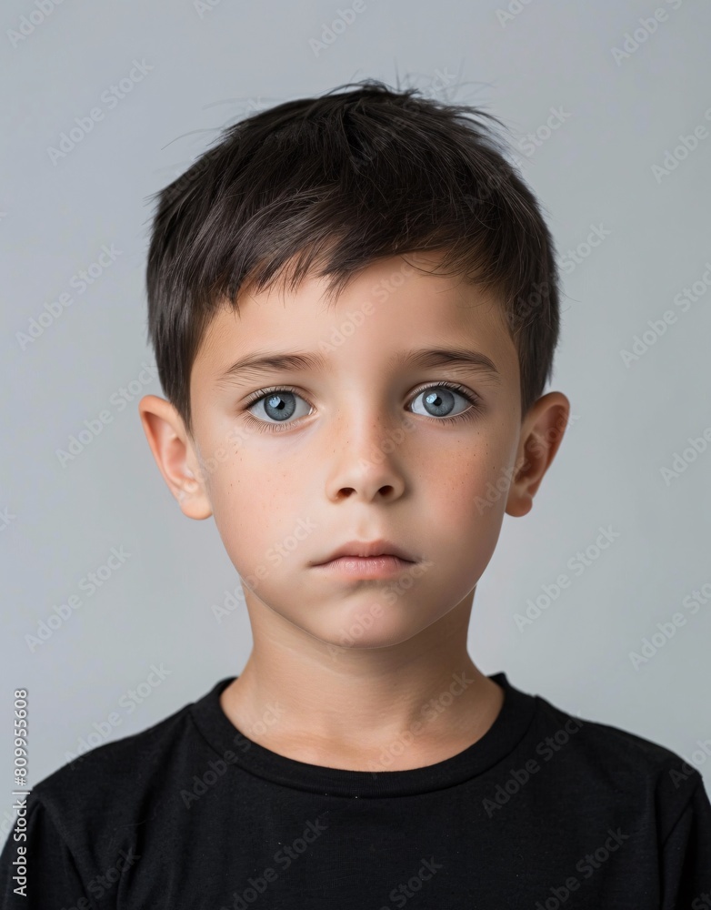 ID Photo for Passport : European child boy with straight short black hair and blue eyes, without glasses and wearing a black t-shirt ID Photo for Passport : European child boy with straight short black hair and blue eyes, without glasses and wearing a black t-shirt