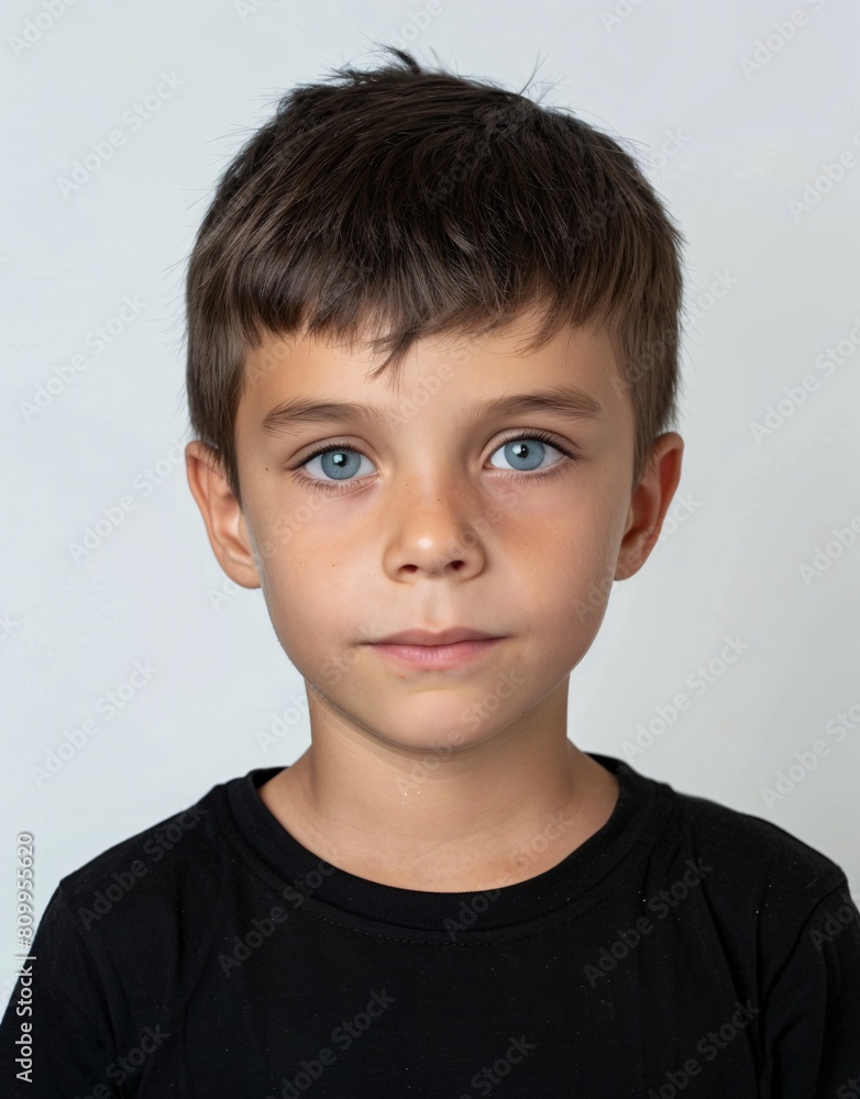 ID Photo for Passport : European child boy with straight short black hair and blue eyes, without glasses and wearing a black t-shirt ID Photo for Passport : European child boy with straight short black hair and blue eyes, without glasses and wearing a black t-shirt