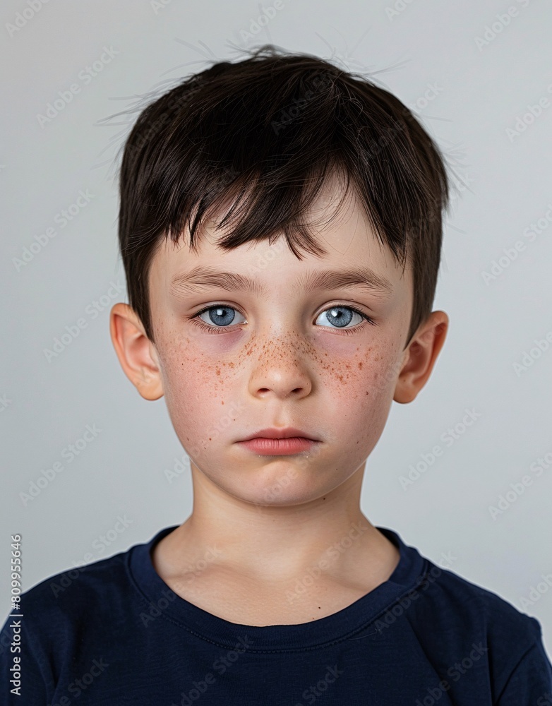 ID Photo for Passport : European child boy with straight short black hair and blue eyes, without glasses and wearing a navy t-shirt ID Photo for Passport : European child boy with straight short black hair and blue eyes, without glasses and wearing a navy t-shirt