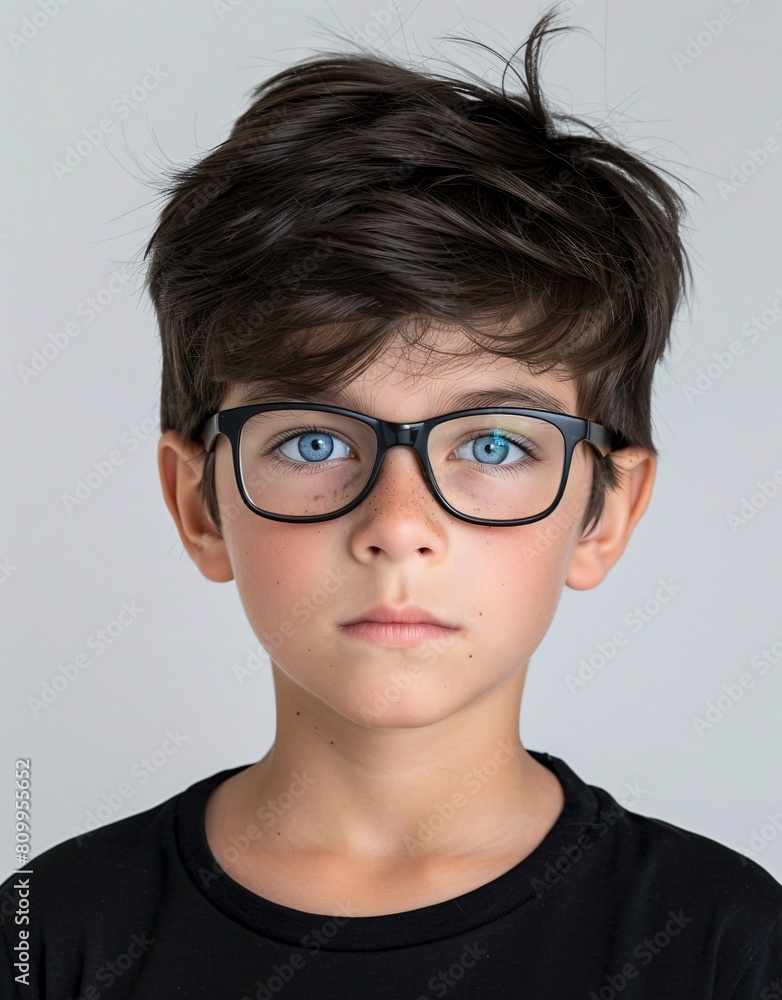 ID Photo for Passport : European child boy with straight short black hair and blue eyes, with glasses and wearing a black t-shirt