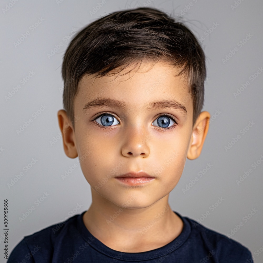 ID Photo for Passport : European child boy with straight short black hair and blue eyes, without glasses and wearing a navy t-shirt ID Photo for Passport : European child boy with straight short black hair and blue eyes, without glasses and wearing a navy t-shirt