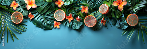 Vibrant tropical citrus arrangement with frangipani and monstera leaves on a blue background  ideal for botanical and wellness themes.