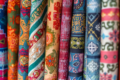 Macro view of a colorful array of traditional fabrics from around the world, each pattern telling the story of its people and heritage 