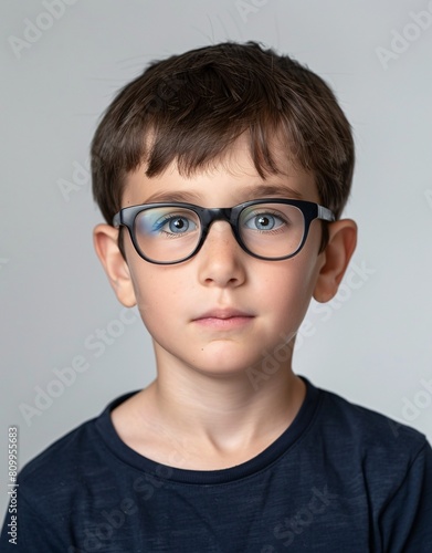 ID Photo for Passport   European child boy with straight short black hair and blue eyes  with glasses and wearing a navy t-shirt