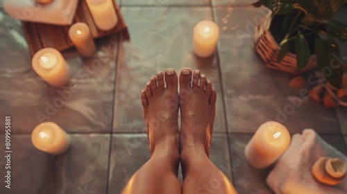 Closeup top view of a woman's bare feet bathed in warm candlelight in a serene spa environment photo