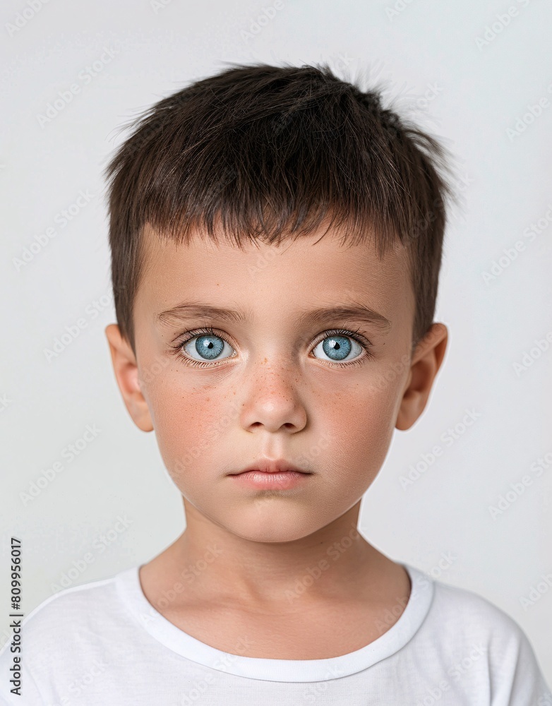 ID Photo for Passport : European child boy with straight short black hair and blue eyes, without glasses and wearing a white t-shirt ID Photo for Passport : European child boy with straight short black hair and blue eyes, without glasses and wearing a white t-shirt