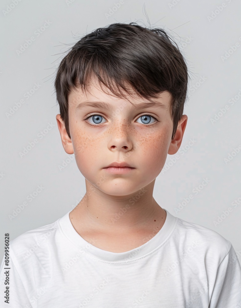 ID Photo for Passport : European child boy with straight short black hair and blue eyes, without glasses and wearing a white t-shirt ID Photo for Passport : European child boy with straight short black hair and blue eyes, without glasses and wearing a white t-shirt
