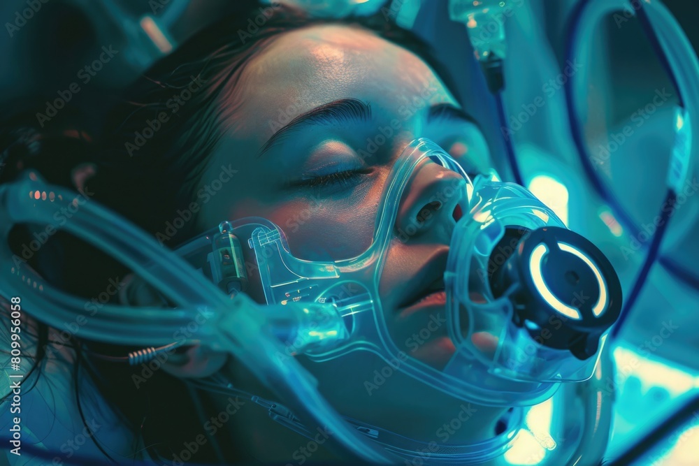 A woman wearing an oxygen mask in a room, suitable for medical or healthcare concepts A woman wearing an oxygen mask in a room, suitable for medical or healthcare concepts