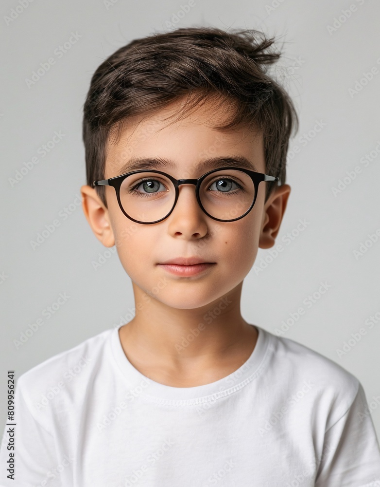 ID Photo for Passport : European child boy with straight short black hair and blue eyes, with glasses and wearing a white t-shirt ID Photo for Passport : European child boy with straight short black hair and blue eyes, with glasses and wearing a white t-shirt