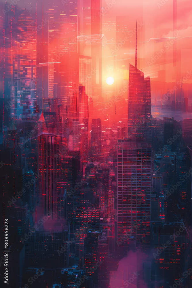 Illustration of a futuristic cityscape with a gradient sky and geometric buildings overlaid with moving lines, Illustration of a futuristic cityscape with a gradient sky and geometric buildings overlaid with moving lines,