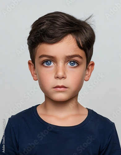 ID Photo for Passport : European child boy with straight short black hair and blue eyes, without glasses and wearing a navy t-shirt