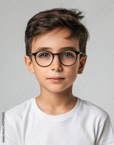 ID Photo for Passport : European child boy with straight short black hair and blue eyes, with glasses and wearing a white t-shirt