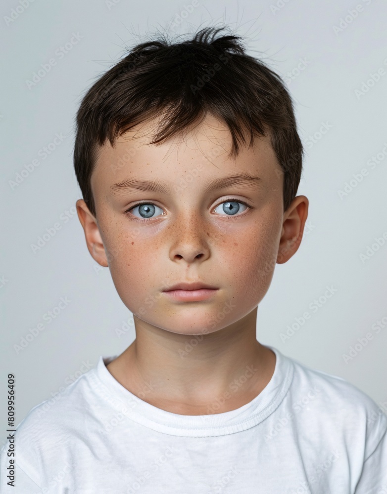 ID Photo for Passport : European child boy with straight short black hair and blue eyes, without glasses and wearing a white t-shirt ID Photo for Passport : European child boy with straight short black hair and blue eyes, without glasses and wearing a white t-shirt