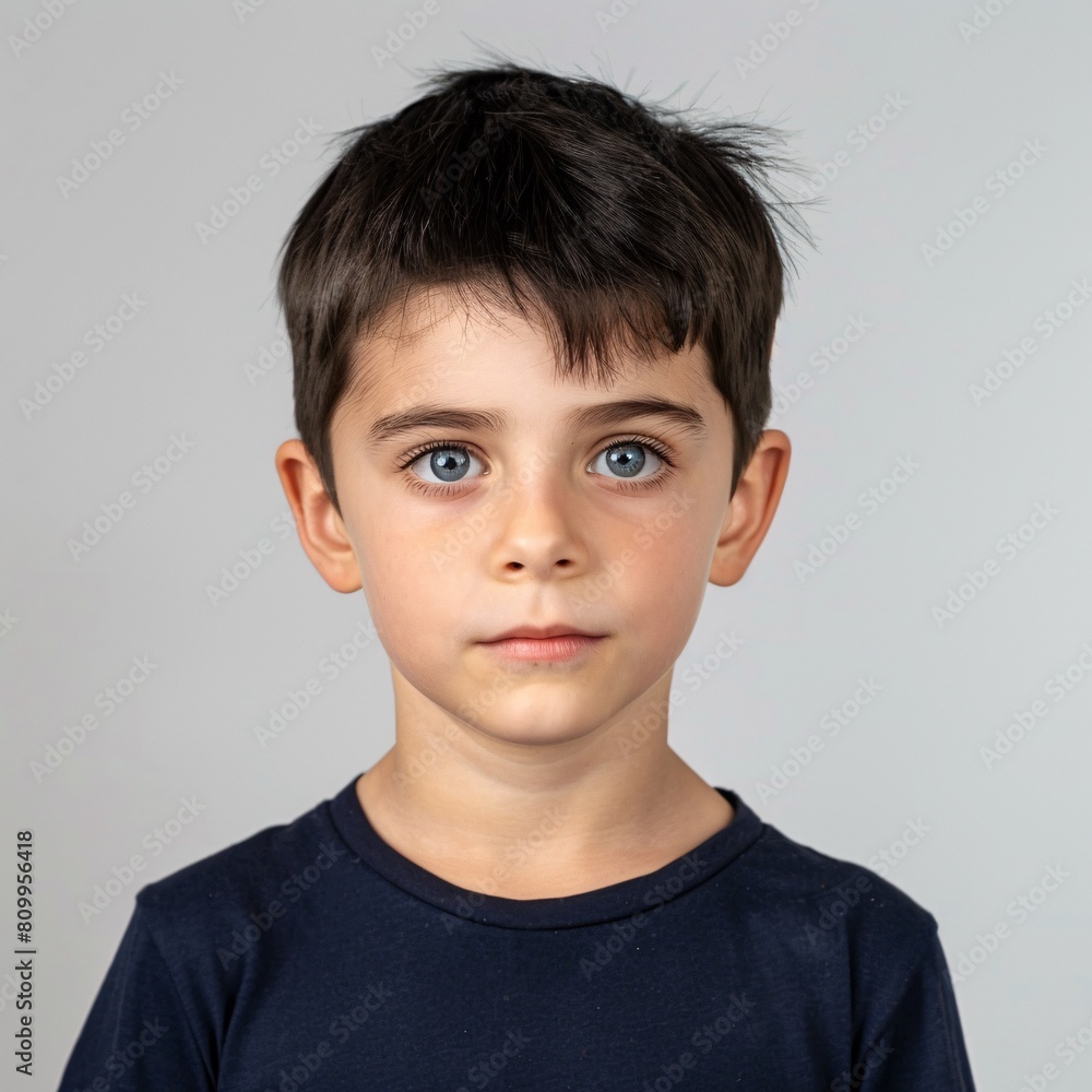 ID Photo for Passport : European child boy with straight short black hair and blue eyes, without glasses and wearing a navy t-shirt ID Photo for Passport : European child boy with straight short black hair and blue eyes, without glasses and wearing a navy t-shirt